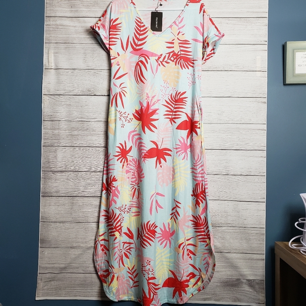 Zilcremo Tropical Short Sleeve‎ Maxi Dress Women's SM